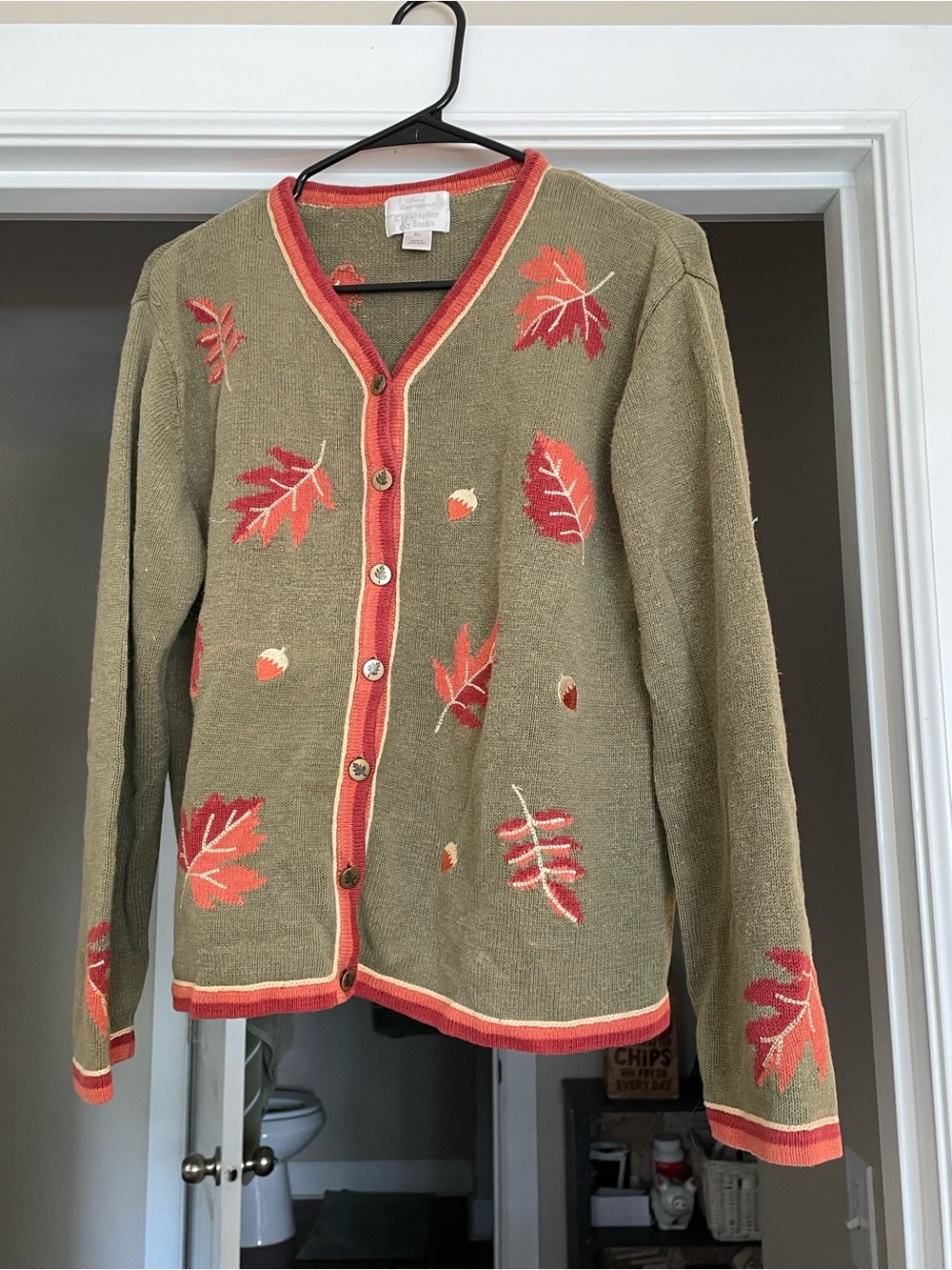 Christopher & Banks Olive Green Cardigan with Red Leaf Embroidery